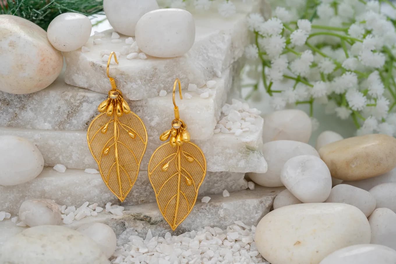 Ethnic leaf gold hook earrings – handcrafted gold EARRINGS (alternate view)
