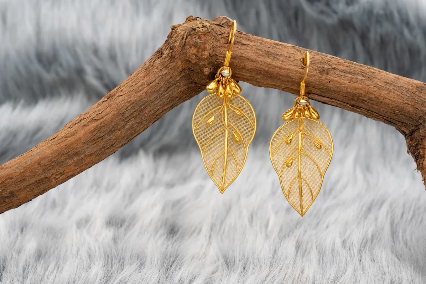 Ethnic Leaf Gold Hook Earrings