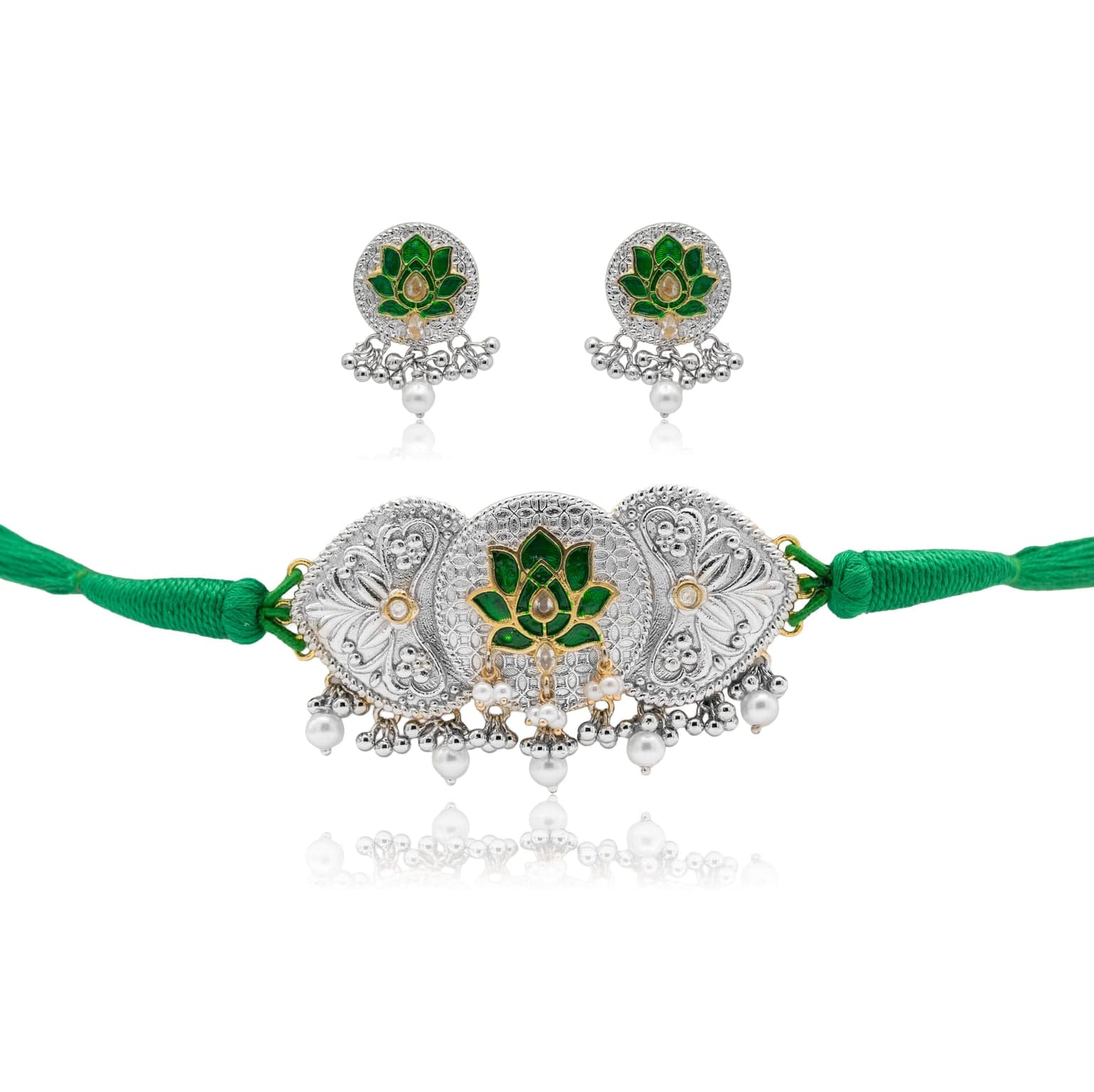 PEARL AND PETAL SILVER CHOKER NECKLACE SET