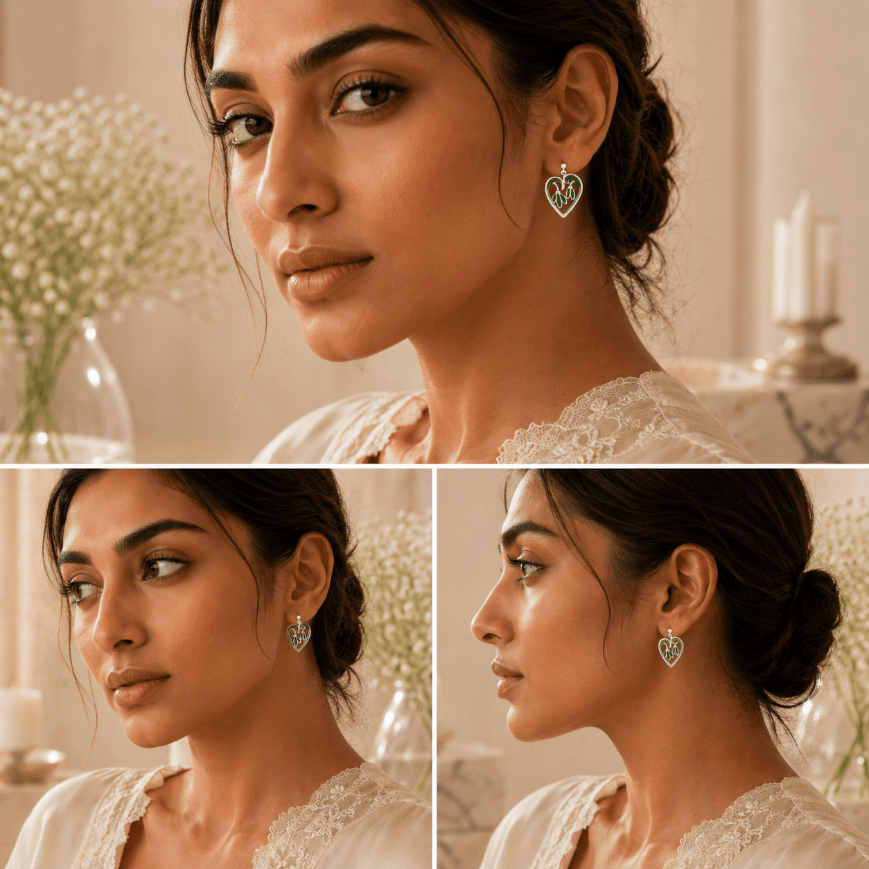 LEAF DROP HEART SILVER EARRINGS
