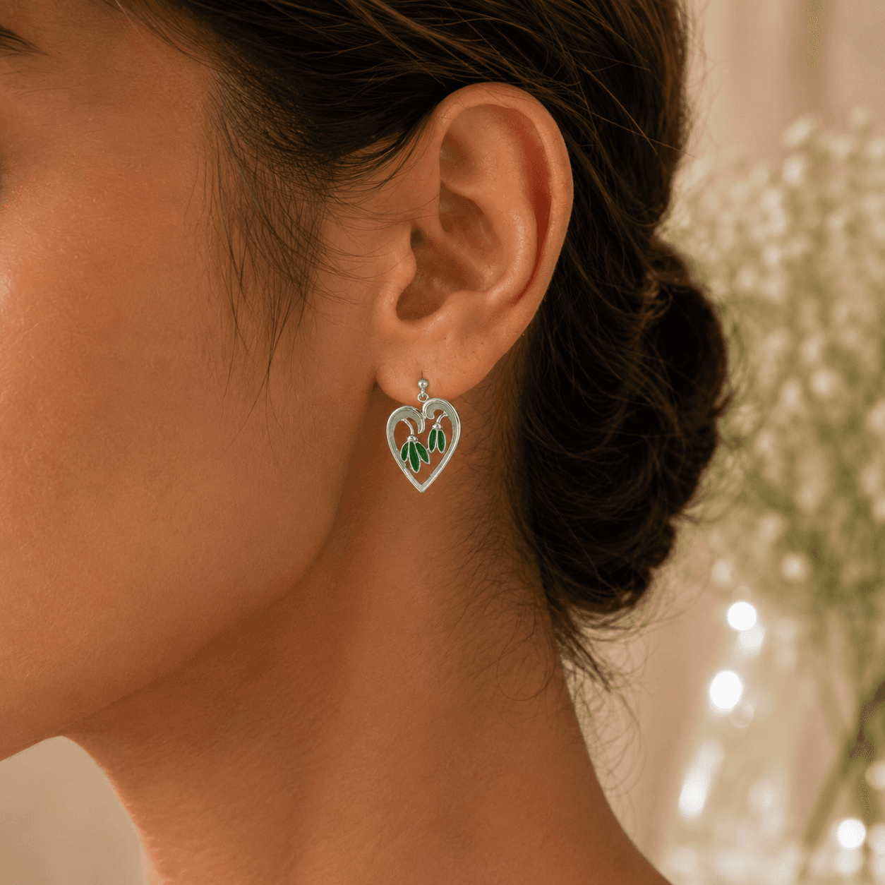 LEAF DROP HEART SILVER EARRINGS